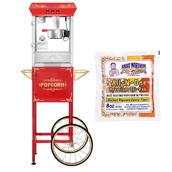 Carnival Popcorn Machine and Cart and 5 All-In-One Popcorn Packs by Superior Popcorn Company (Red)