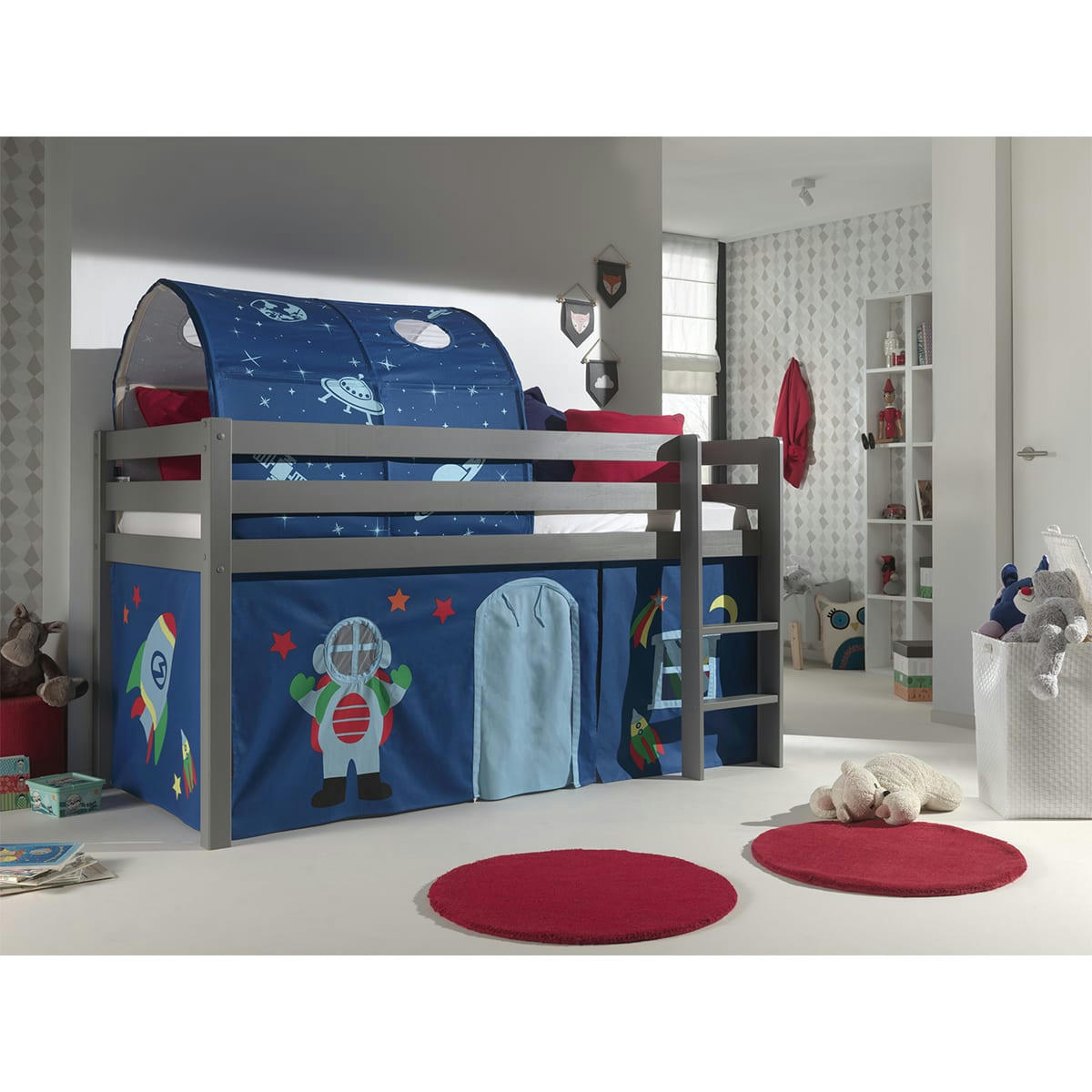 PINO - Lit mi-hauteur 90x200 sommier inclus housse astro gris