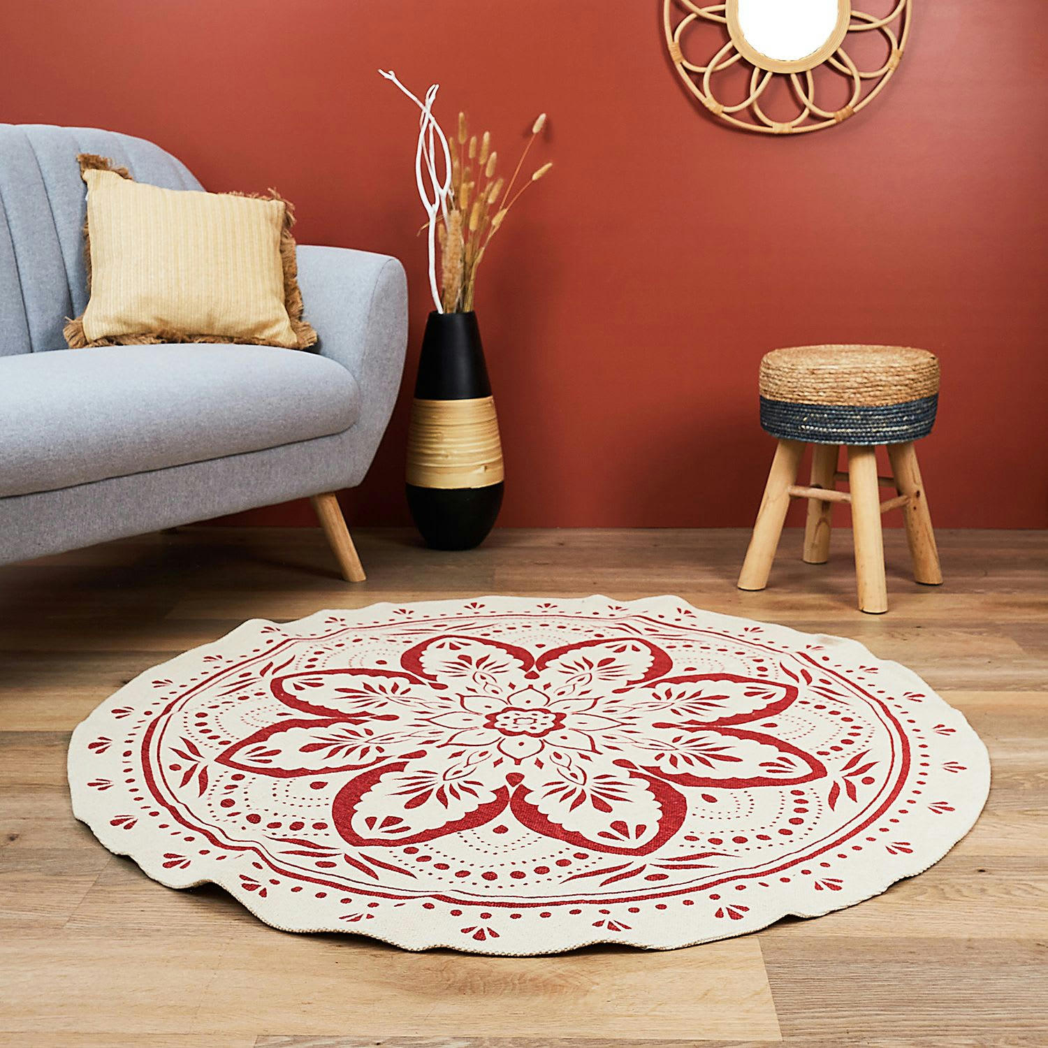 - Tapis rond imprimé mandala d. 120 cm terracotta