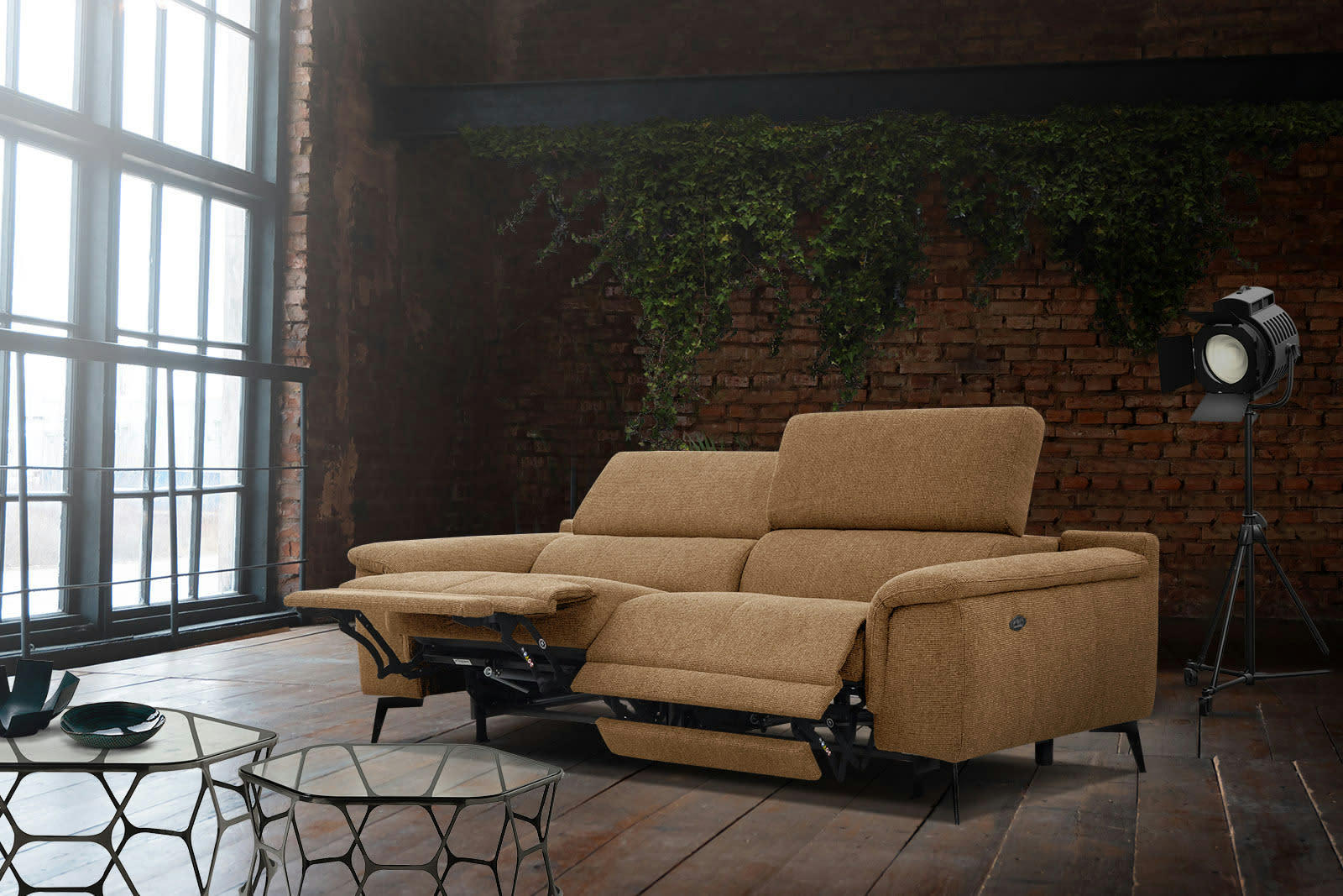 FIERO - Canapé droit 3 places XXL avec 2 relax électriques tissu orange