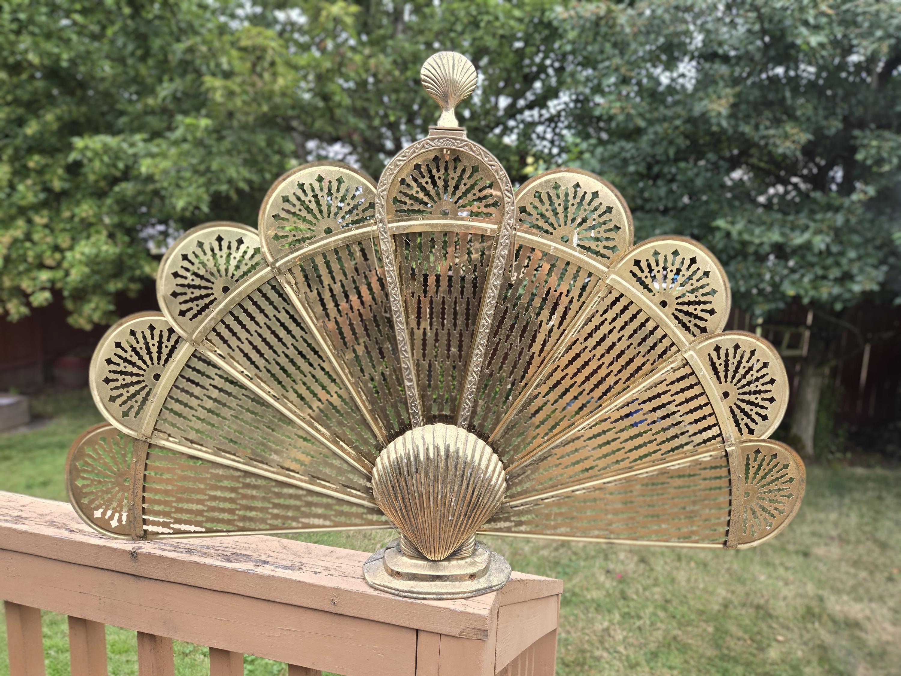 Vintage Brass Peacock Fireplace Fan Screen-Mid Century Modern-Victorian-Beach House-Hollywood Regency-Art Deco