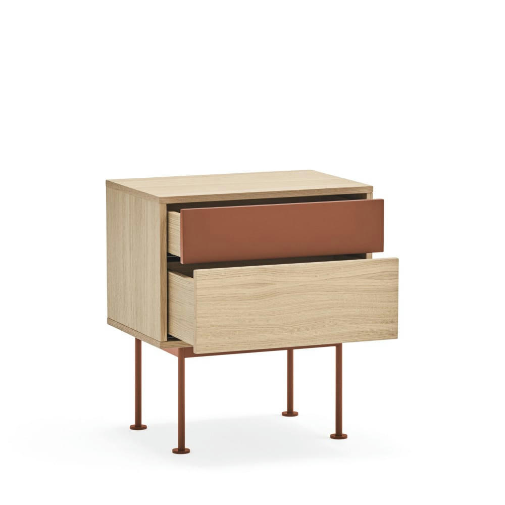 YOKO - Table de chevet 2 tiroirs en bois et métal rouge brique