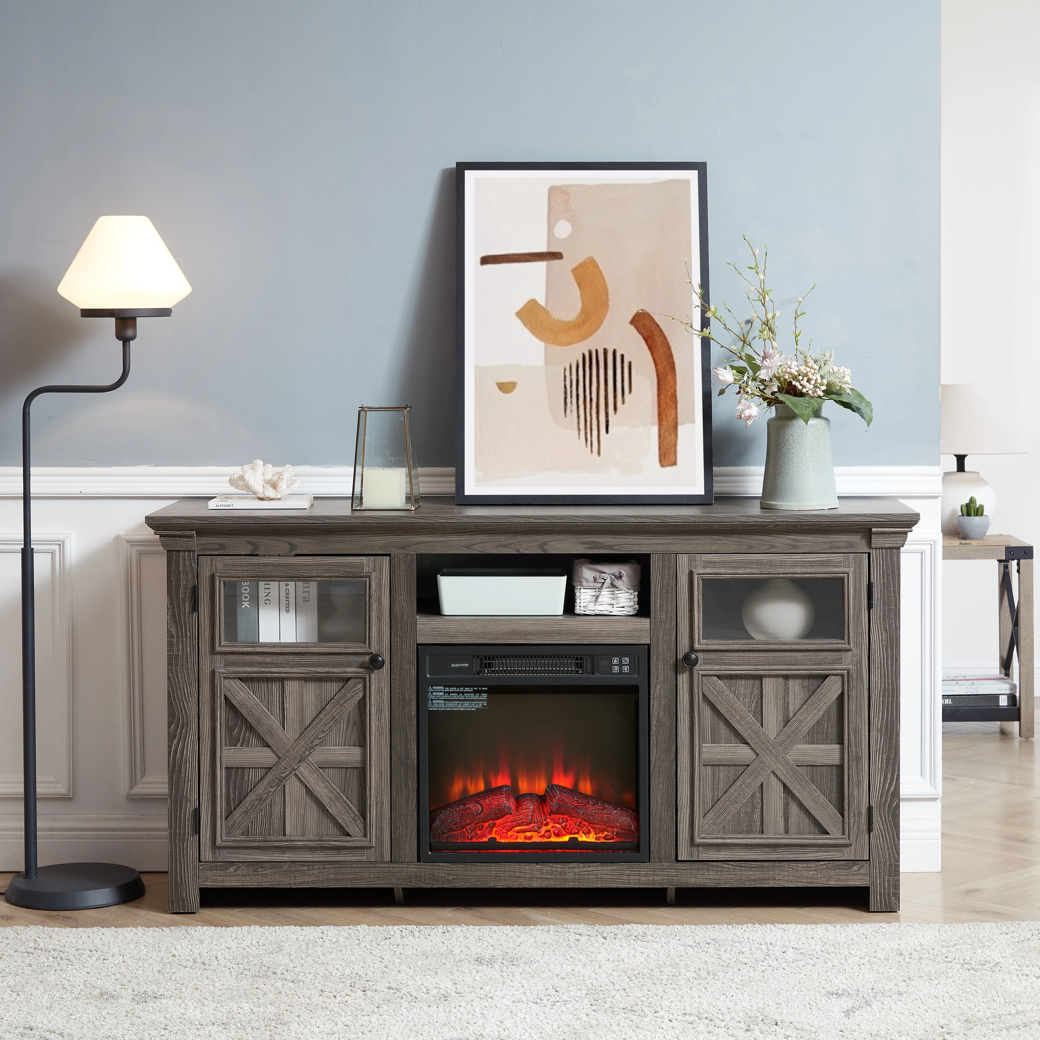 Farmhouse TV Stand with Realistic Fireplace Insert ,Classic Barn-Inspired Entertainment