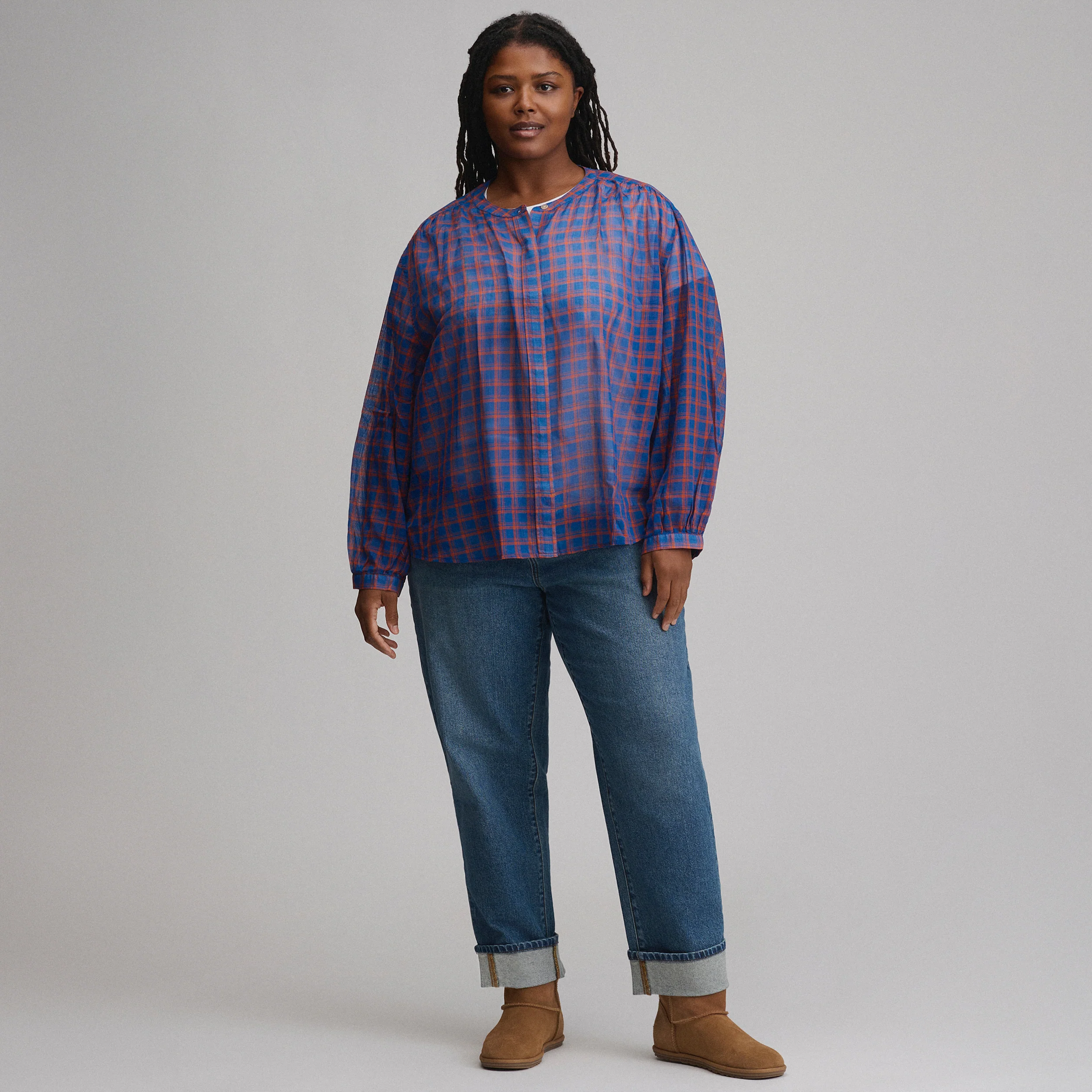 Women's Long-Sleeve Collarless Button-Down Shirt