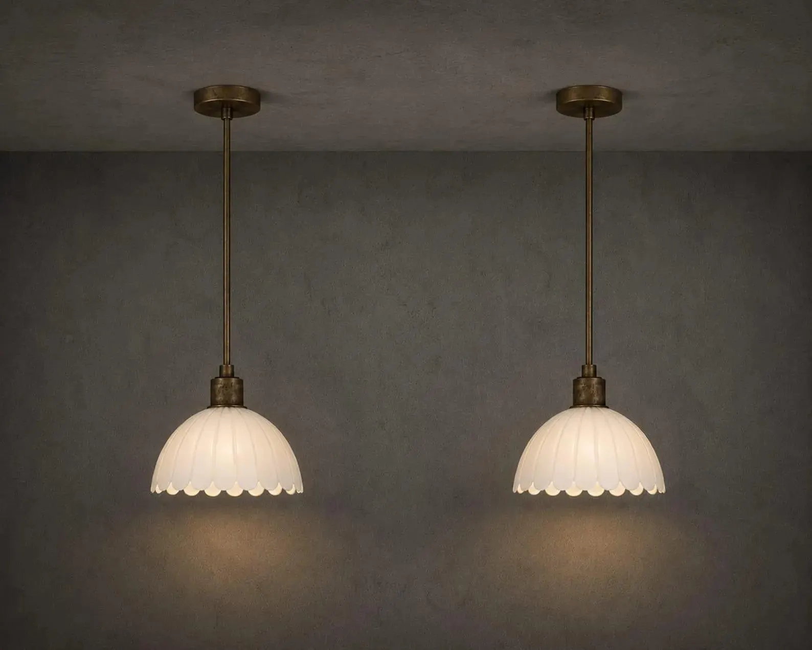 Pair Of Scalloped Pendant Light, Vintage White Pendant Lamp, Brass Ceiling Light, Cottage Kitchen Lighting, Retro Hanging Light