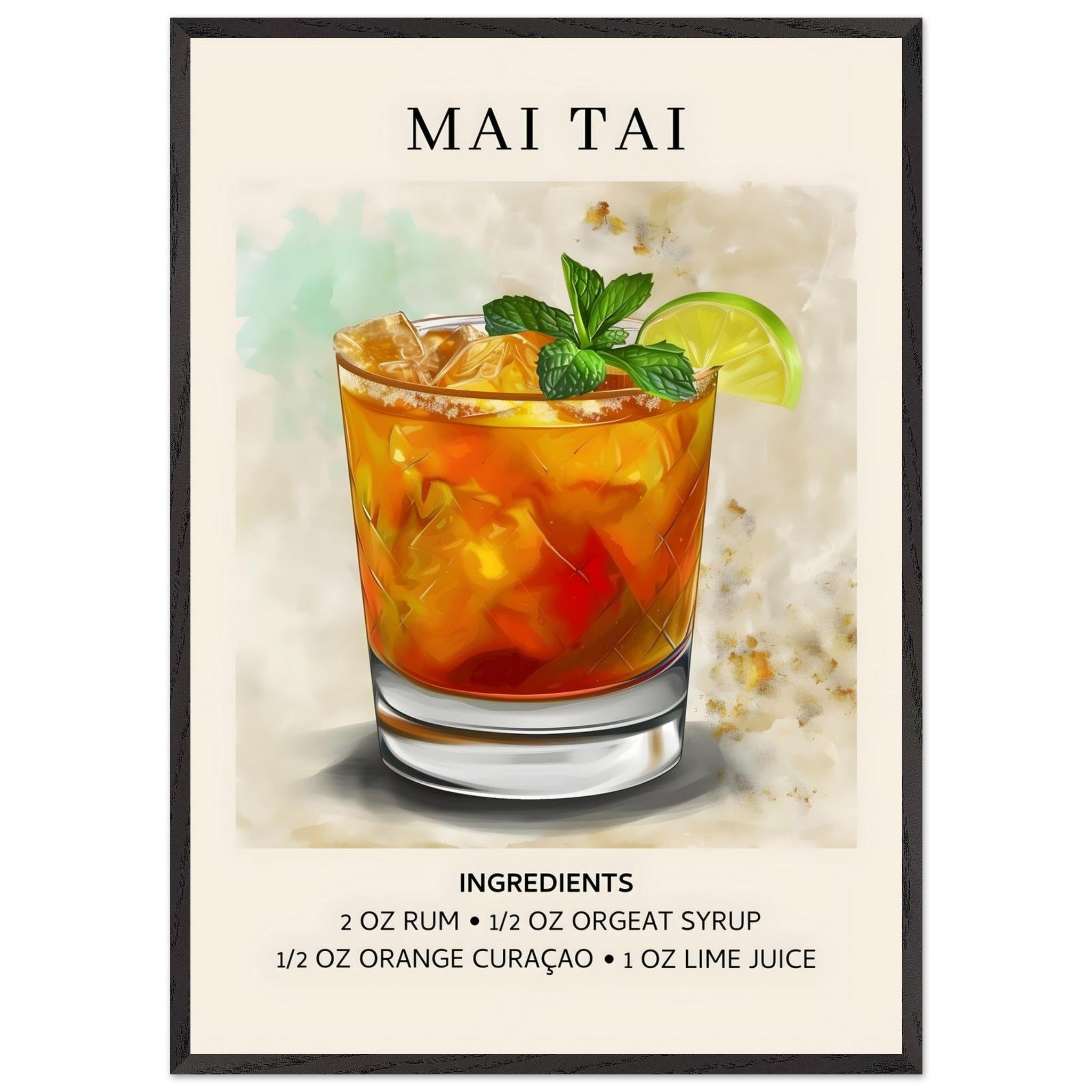 Artfulprints Poster met Lijst Mai Tai Cocktail - Ingrediënten  - 70x100 cm - Meerkleurig