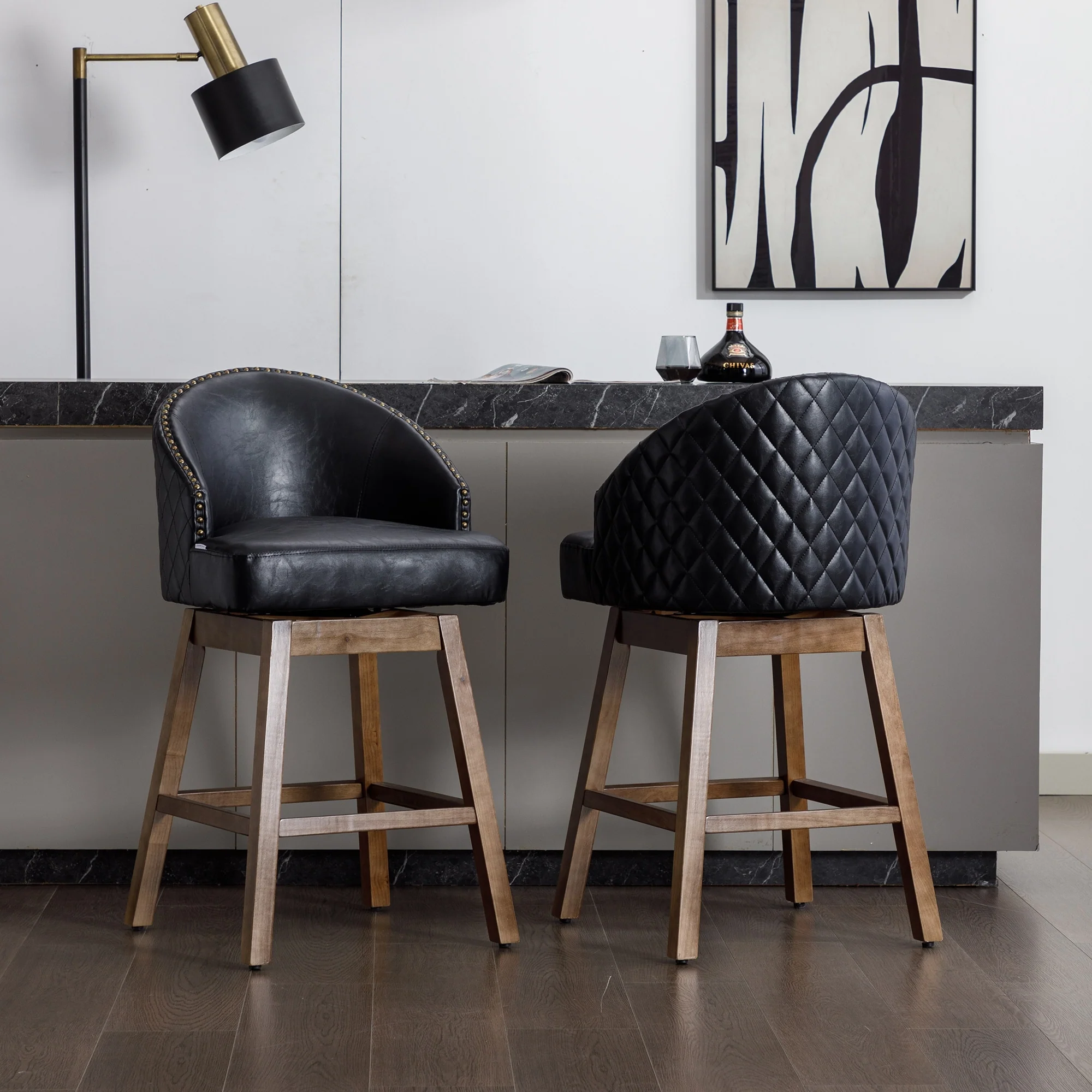 Swivel Wood Counter Height Bar Stools with Footrest (Set of 2)