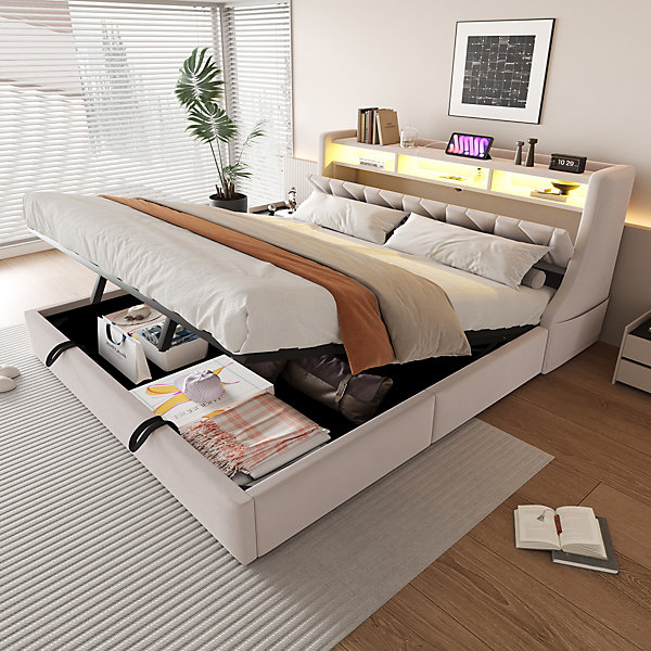Lit 180x200 avec sommier, lit coffre hydraulique, tête de lit avec espace de rangement et prise, éclairage LED, velours, beige