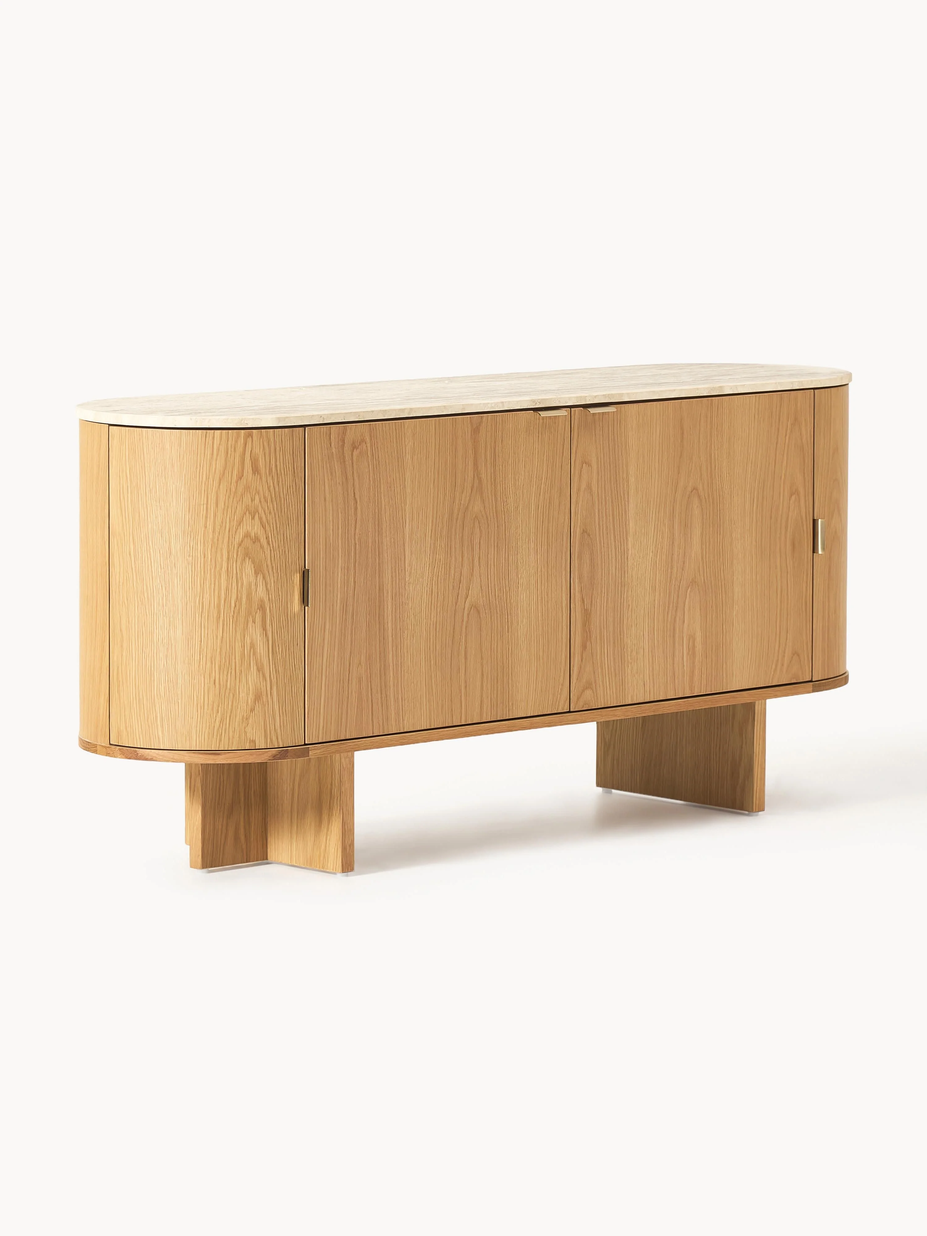 Holz-Sideboard Zumi mit abgerundeten Ecken und Travertinplatte