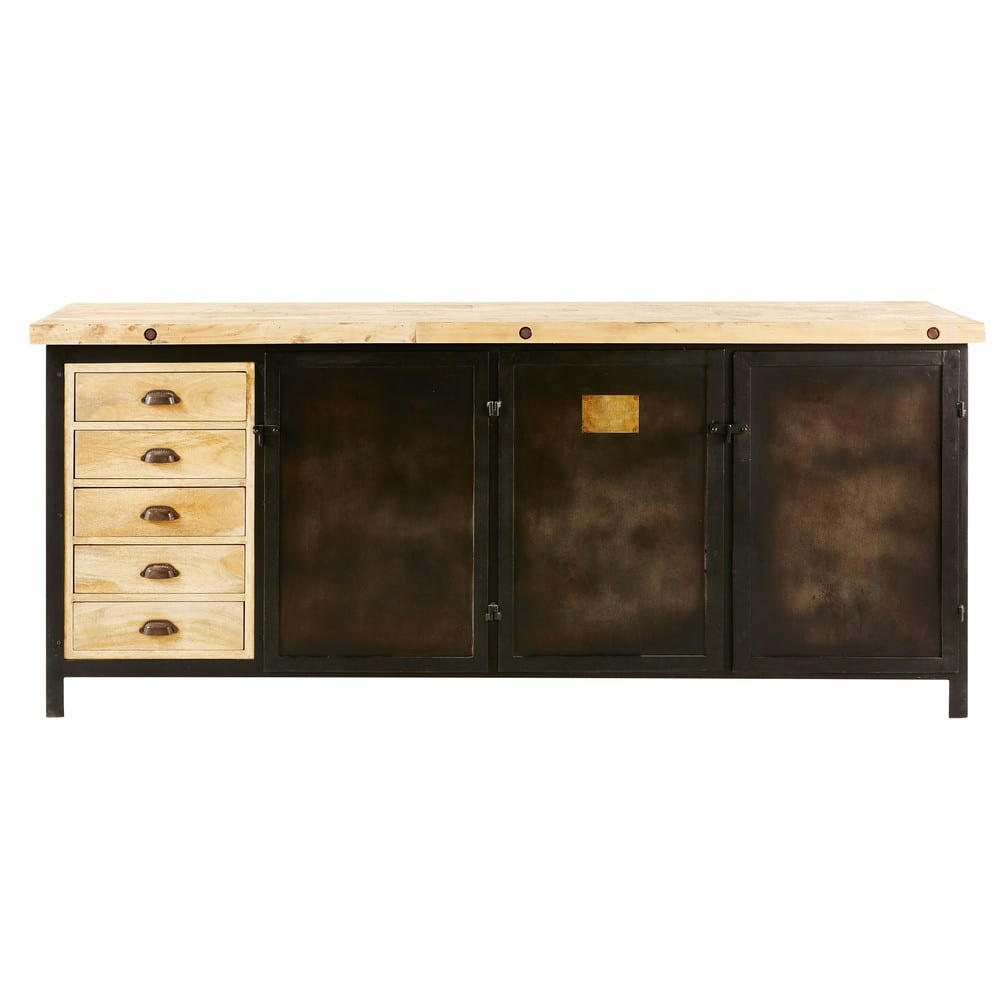 Colombus - Buffet 3 portes 5 tiroirs en métal noir et manguier massif