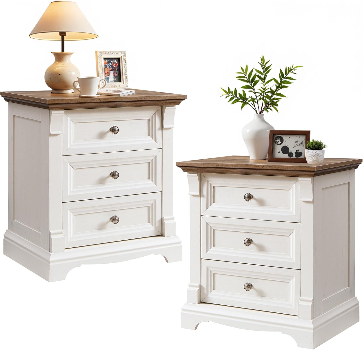 T4TREAM Farmhouse Nightstand Set of 2, 23.6 End Table with 3 Drawers Storage, Wood Side Table w/Roman Column, End Tables Living Room Set of 2, Bedside Cabinet for Bedroom, Living Room, Antique White