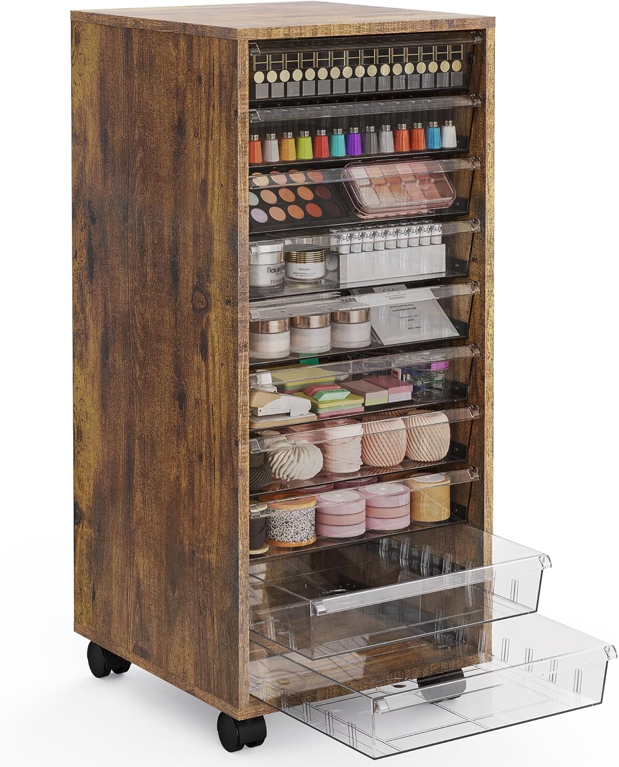 WOPITUES Storage Drawer Cart, Mobile Storage Cabinet, Makeup Storage with 10 Large Clear Drawers, Utility Wooden Rolling Cart on Wheels, for Cosmetic, Art Craft, Office Supplies, Toy, Brown