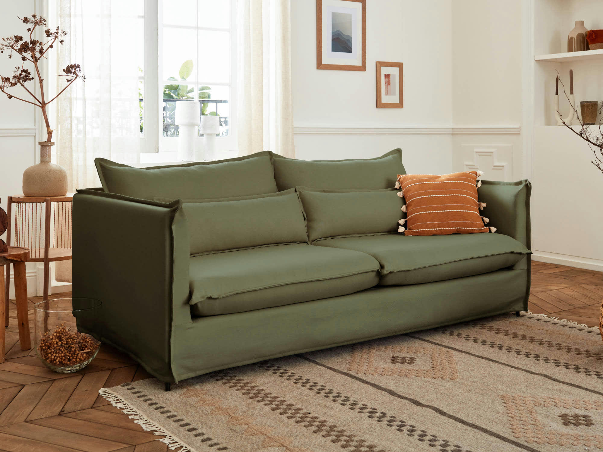 ADRIANN - Canapé droit 3 places en tissu vert