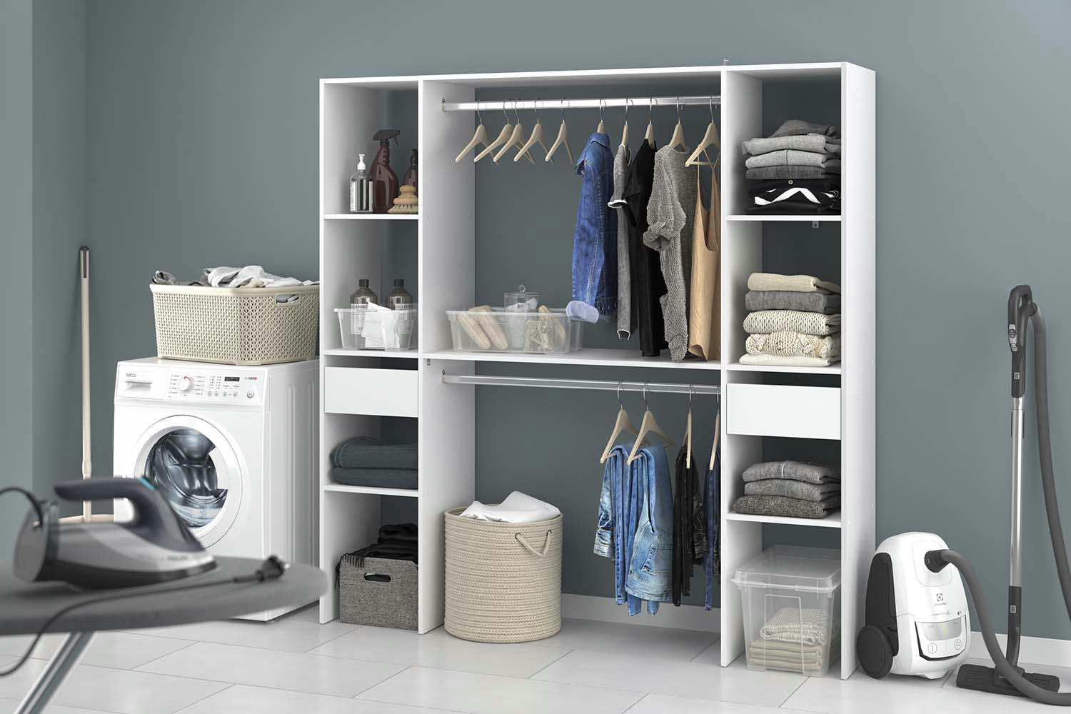 ELYSEE - Dressing blanc 6 étagères, 2 tiroirs, 2 penderies 180 x 40 x 180 cm