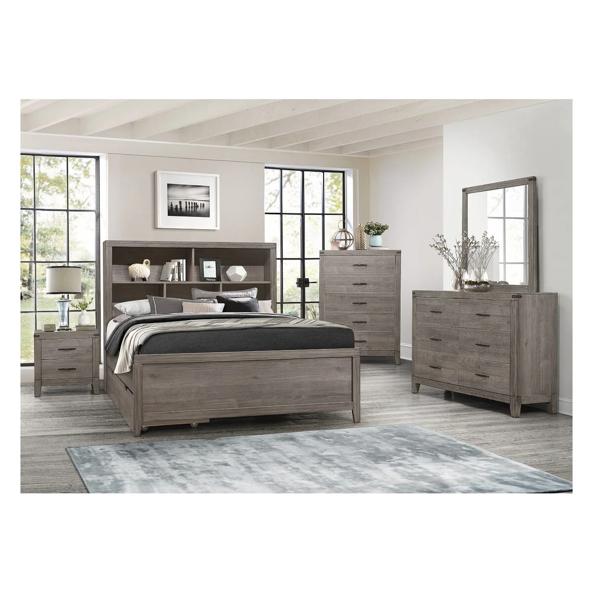 Sidney 3 Piece Gray Modern Bookcase Panel Bedroom Set