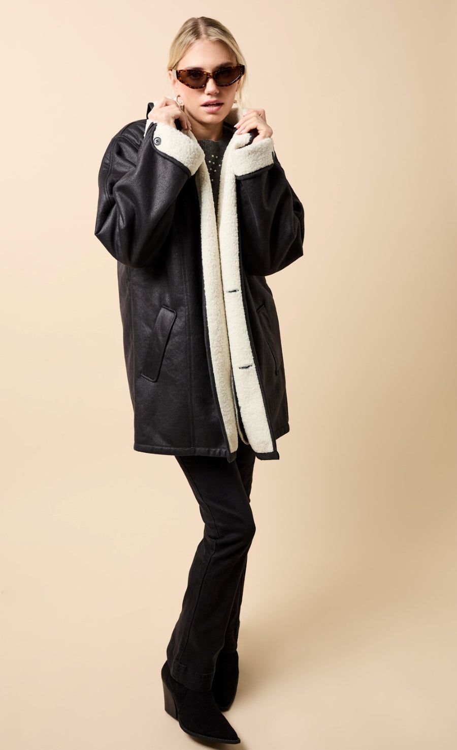 Little Mistress Black Suede Contrast Lining Borg Jacket