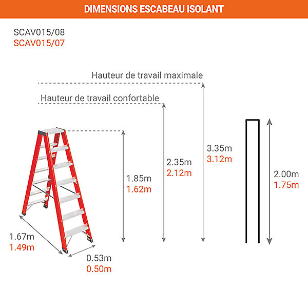 Escabeau isolant 7 marches basse tension à double montée - Hauteur escabeau 1.75m - SCAV015/07