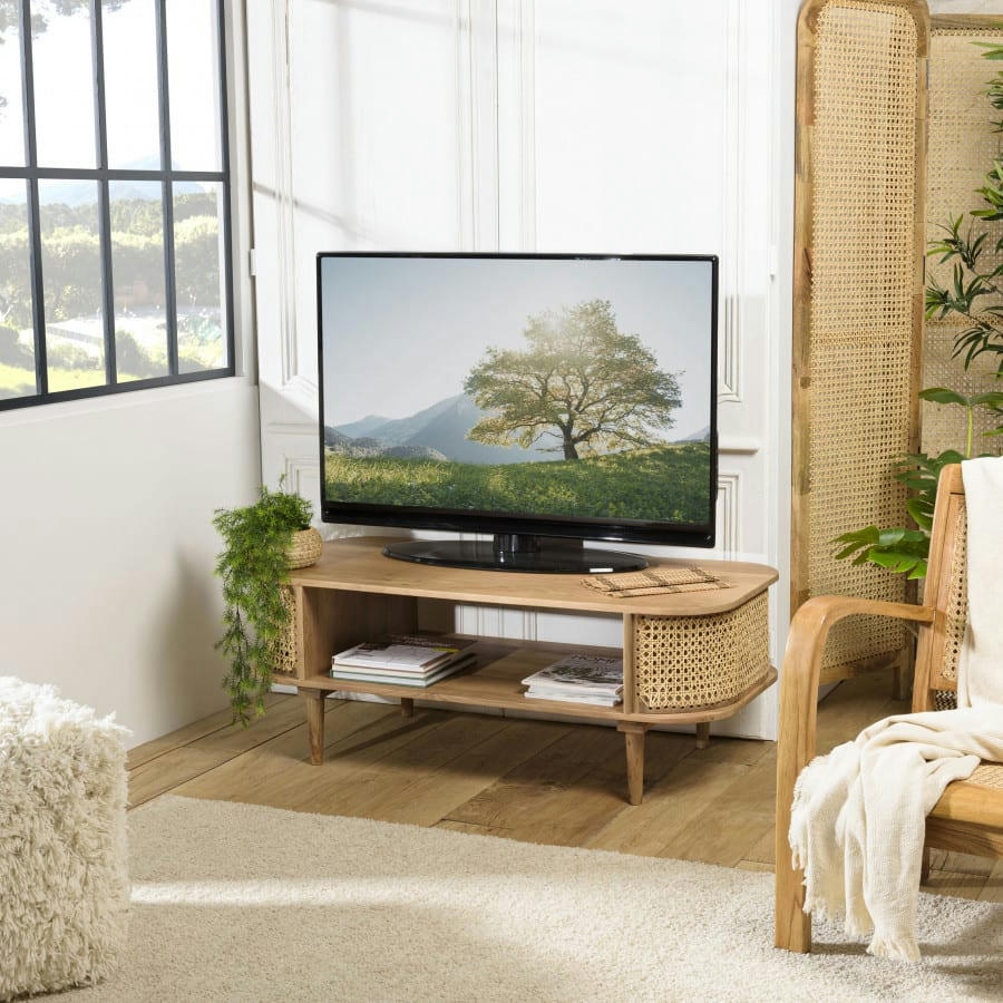 ISA - Meuble TV marron bois de jamelonier et cannage naturel