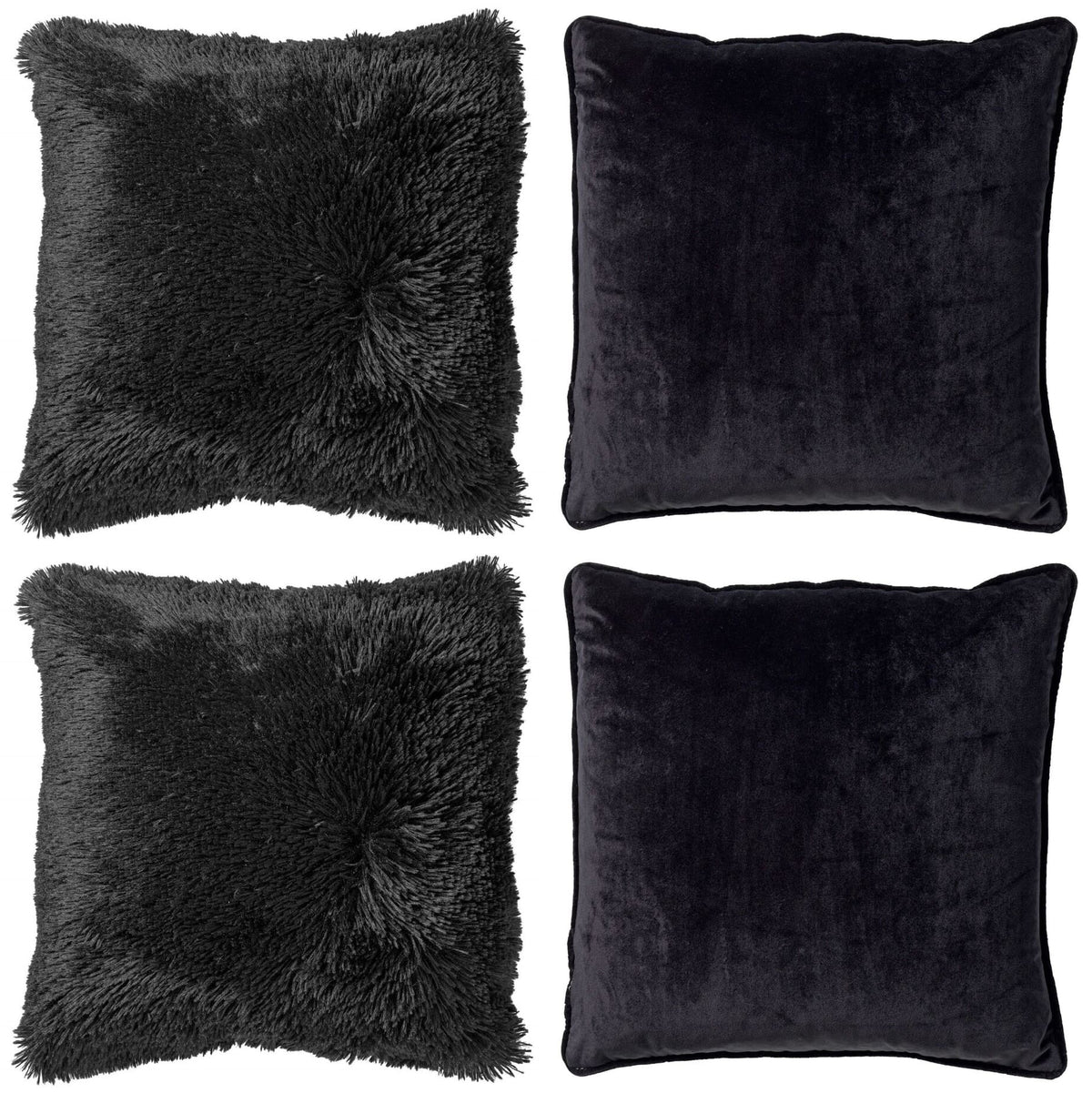 KUSSENSET - 4-delig Fluffy & Velvet - 45x45 cm - inclusief binnenkussens - zwart
