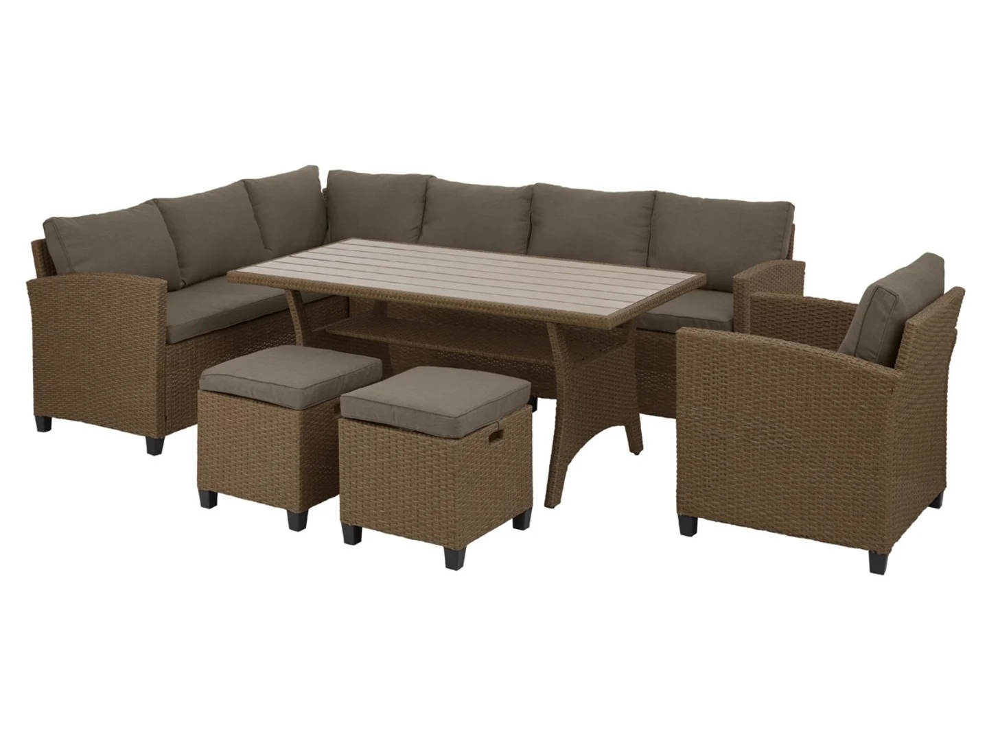 Zestaw mebli ogrodowych z technorattanu Barcelona stół lewa sofa prawa sofa krzesło   2 taborety z poduszkami