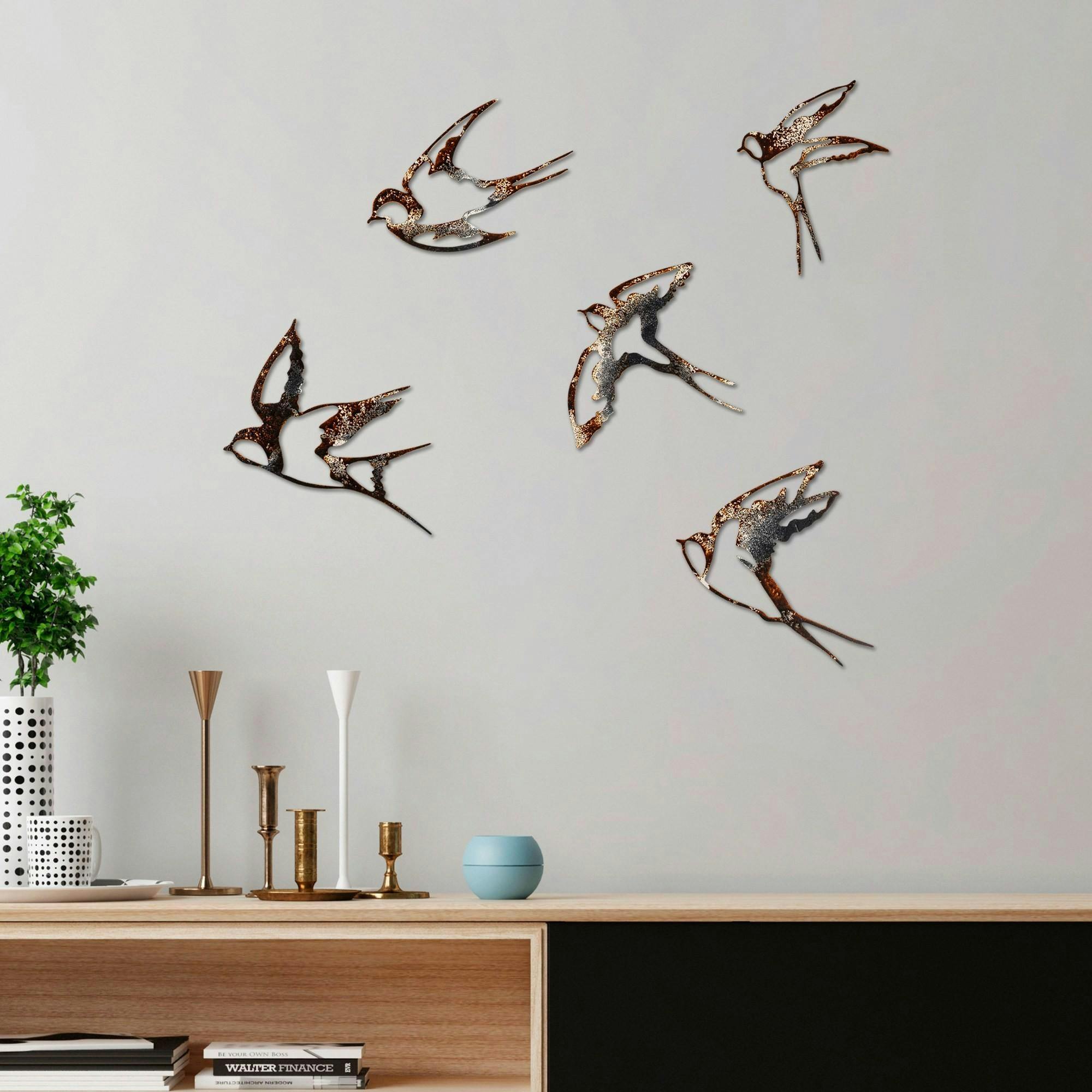 Décoration murale oiseaux en métal mordoré (lot de 5)