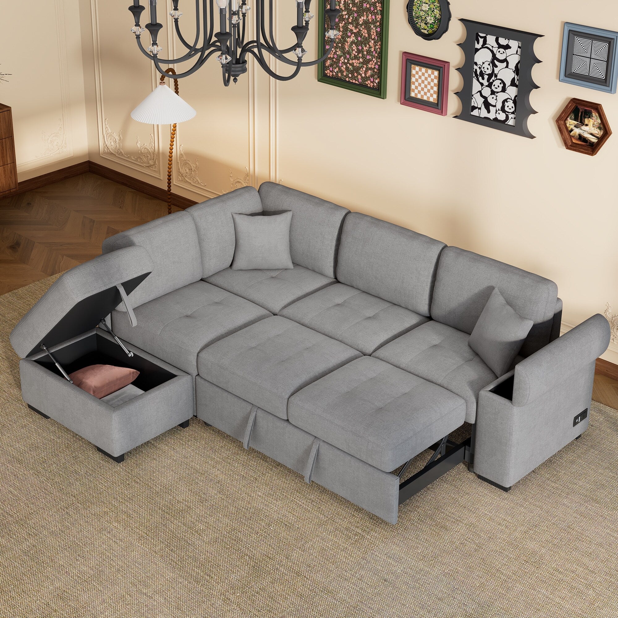 84.75 L-Shaped 5-Seater Sleeper Sofa with USB Ports
