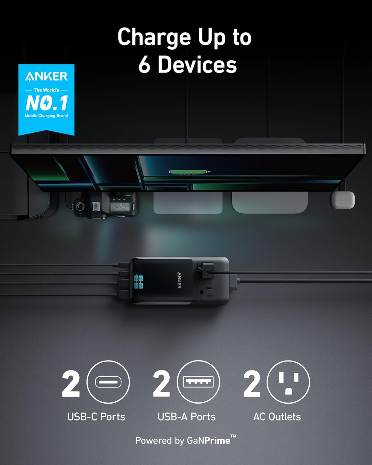 Anker Prime Charging Station, 140W 6-in-1 Travel Power Strip, 5ft Detachable Extension Cord with Multiple Outlets, 2 AC, 2 USB C, 2 USB A, Desk Accessories, Home Office (Non-Battery/Wireless)