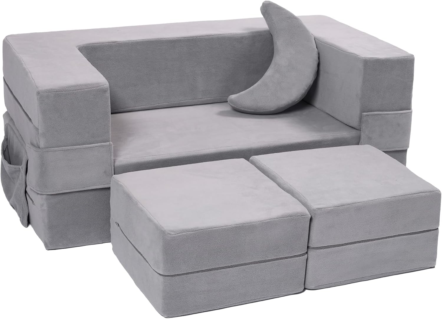 Elftopia Modular Kids Sofa,Toddler Couch Foam Armchair for Kids, Children Convertible Plush Sofa Play Set,Fold Out SofaBed(Grey)