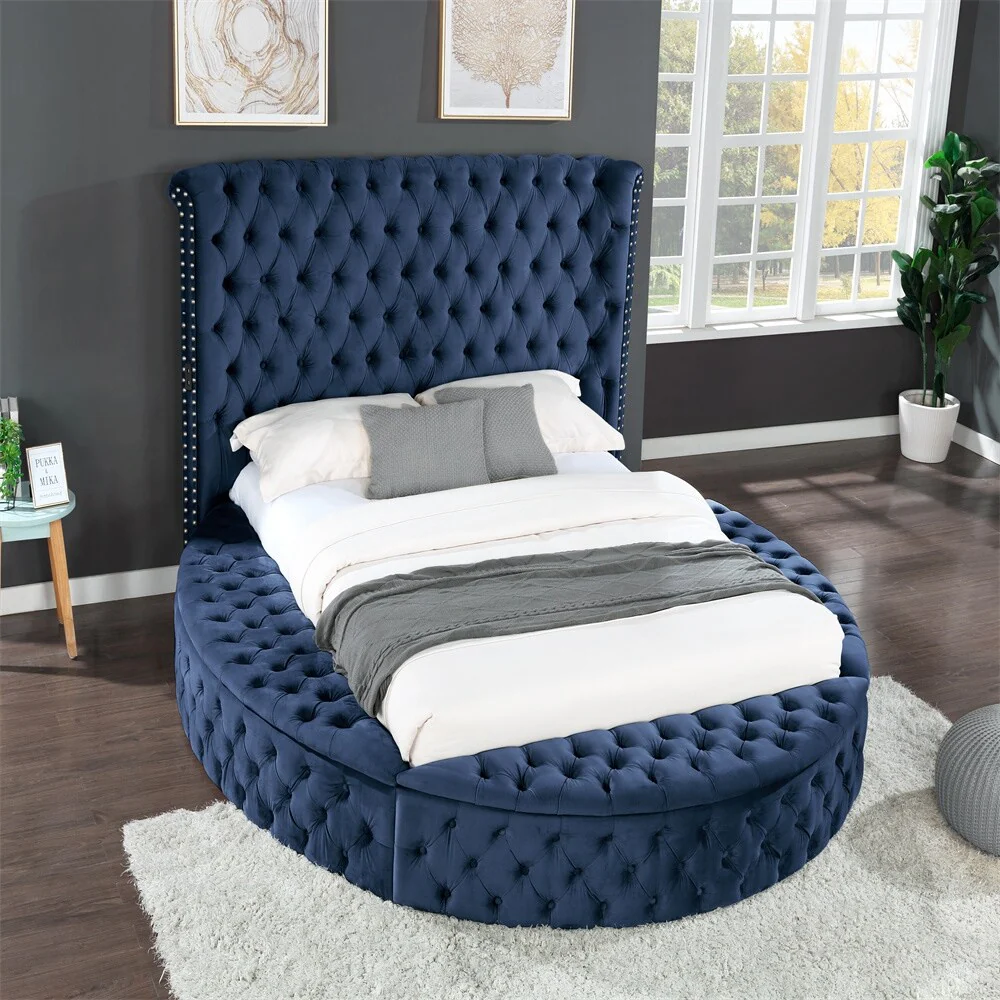 Wood King Bed Navy With Tufted Upholstered Velvet Fabric Headboard And Footboard Perfectly For Bedroom