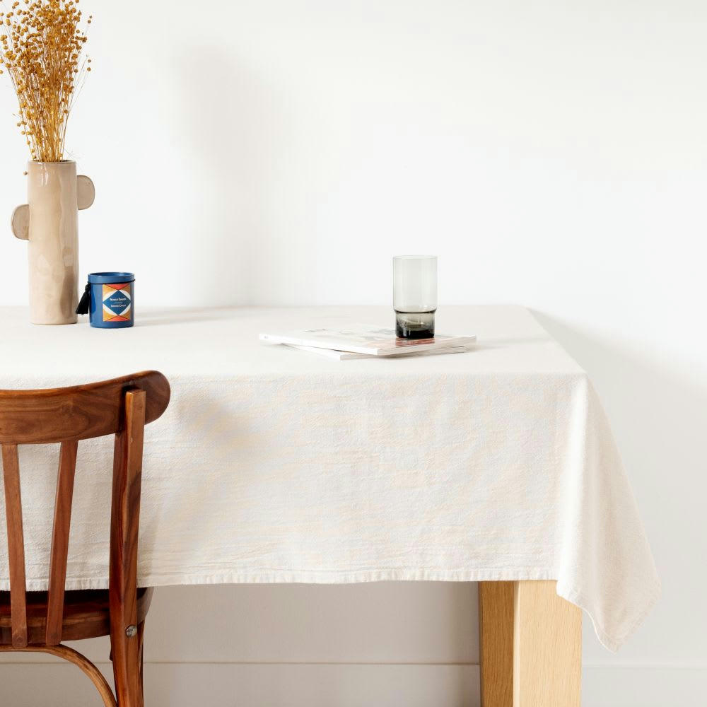 - Nappe en coton beige à franges 170x170