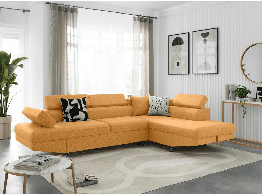 RIO - Canapé angle droit convertible avec coffre en tissu - Jaune ocre