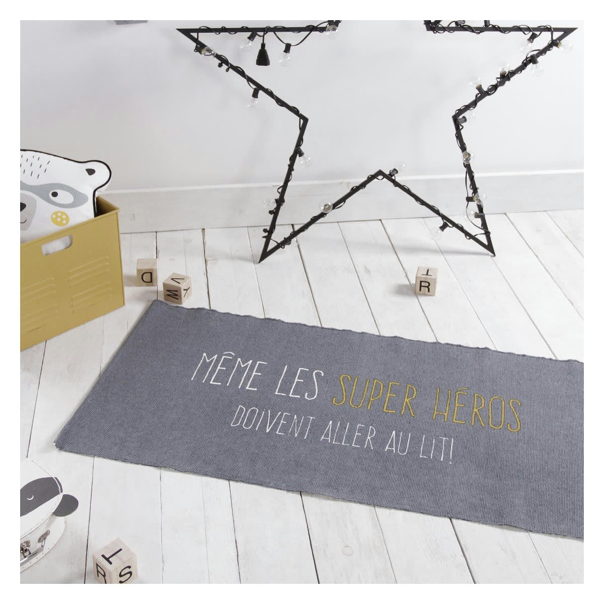 HEROS - Tapis enfant imprimé  en Coton Bleu 60x120 cm