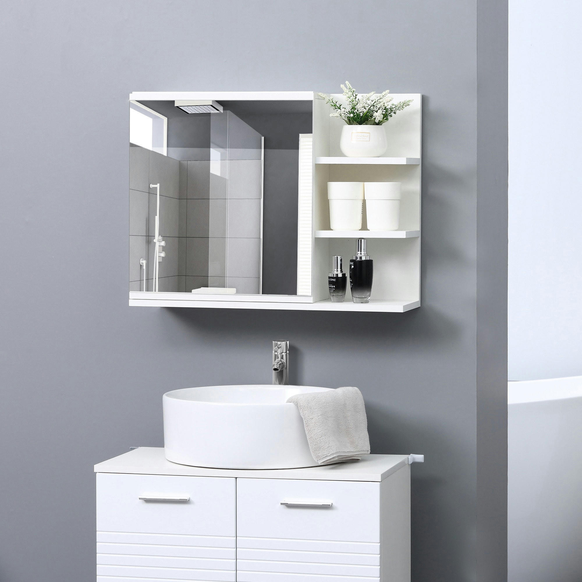 - Armoire miroir de salle de bain avec étagères - aspect bois blanc