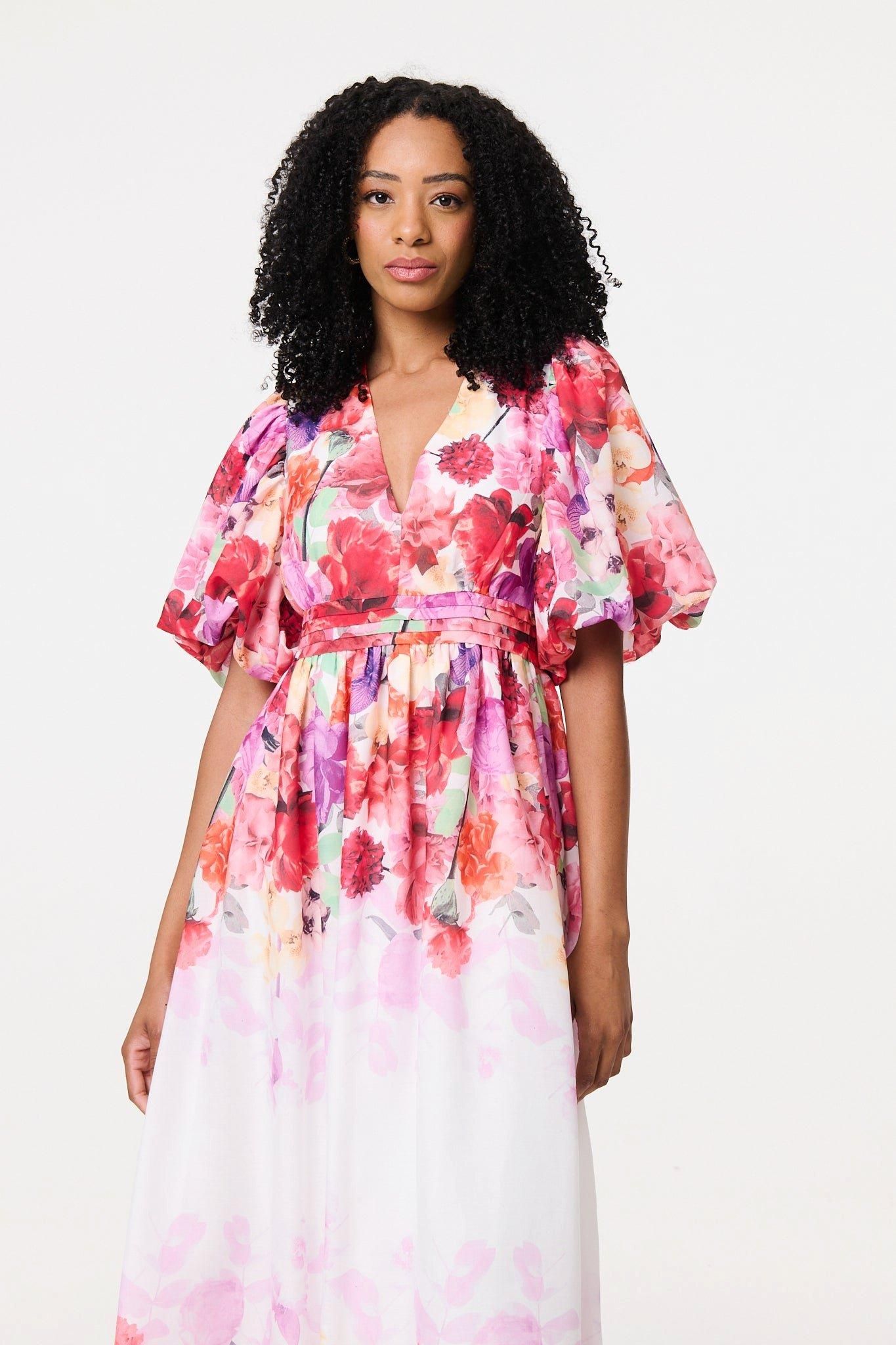 Izabel London Floral Print 1/2 Angel Sleeve Midi Dress