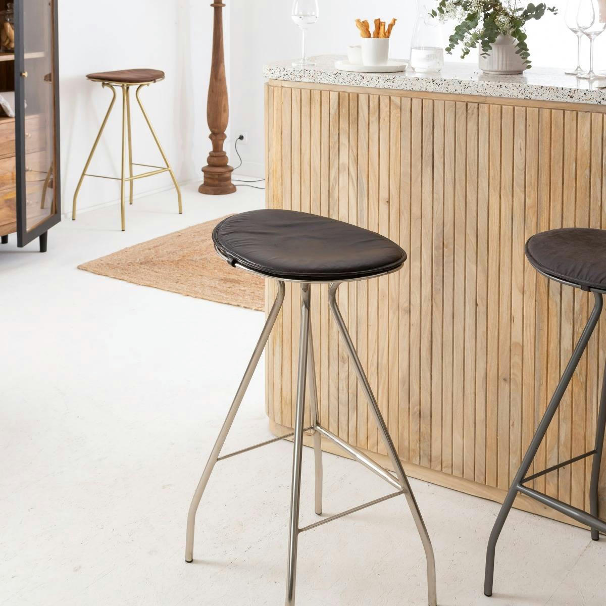 LYA - Tabouret de bar en cuir et croûte de cuir noir 50 cm