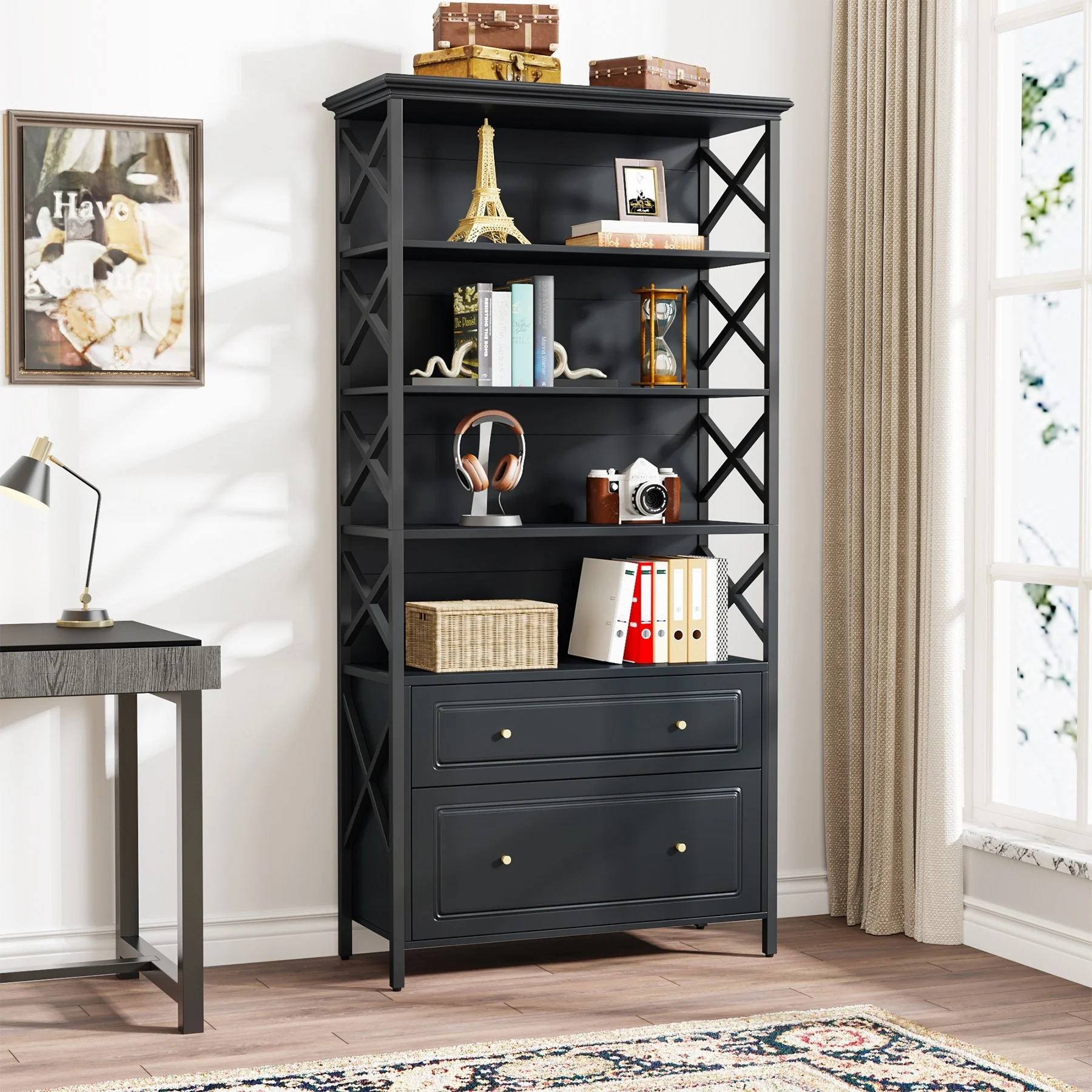 72Tall Black Bookshelf with 2 Drawers