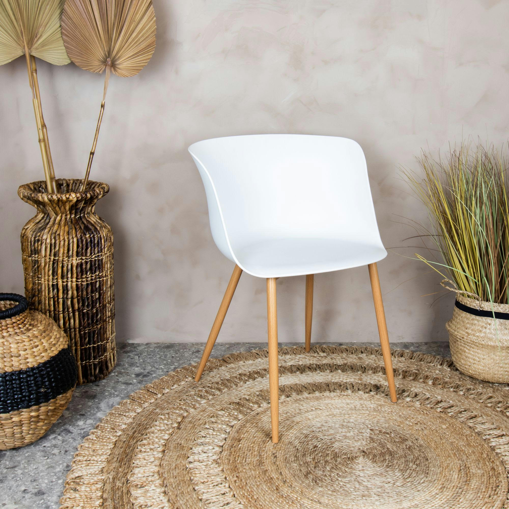 OLLY - Lot de 4 fauteuils de table en polypropylène blanc et pieds en métal