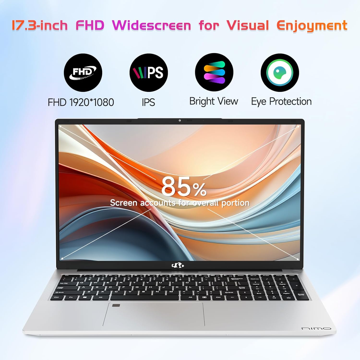 NIMO 17.3 FHD IPS Laptop  Intel Core i3-1215U (Beats i5-1135G7 Class)  16GB RAM  512GB SSD  Windows 11 Home  Wi-Fi 6  Backlit Keyboard  Fingerprint  USB-C 65W Fast Charge  Bluetooth 5.2  180° View