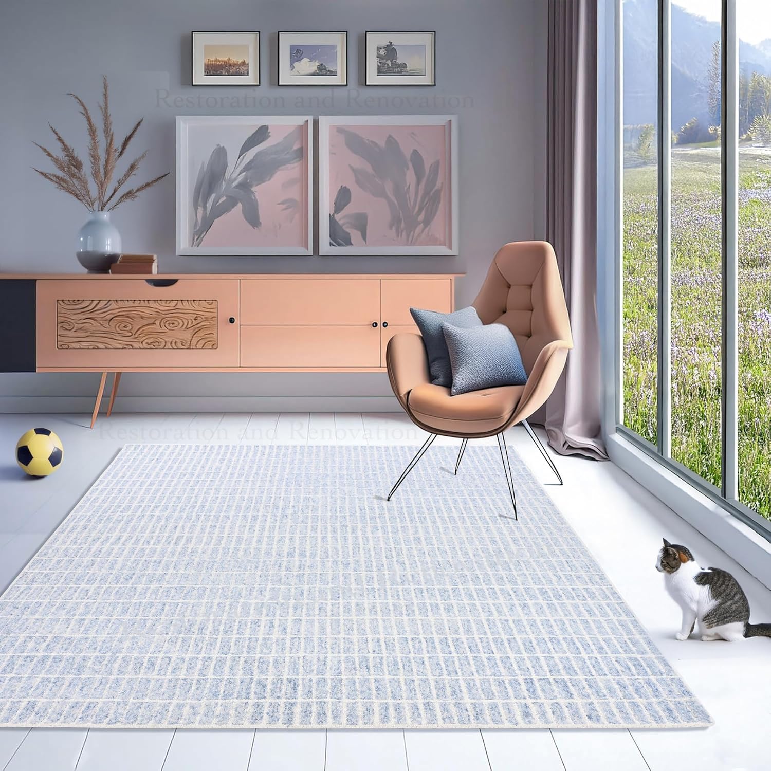 Hand-Tufted 100% Wool Area Rug – Unique Modern Geometric Grid Pattern, Soft Plush Textured Carpet for Living Room, Bedroom, Dining Room & Entryway (Blue, 8' x 10')