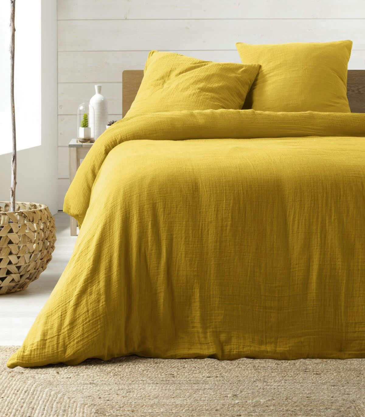 - Housse de couette double unie 100 % Coton Jaune 240 x 220 cm
