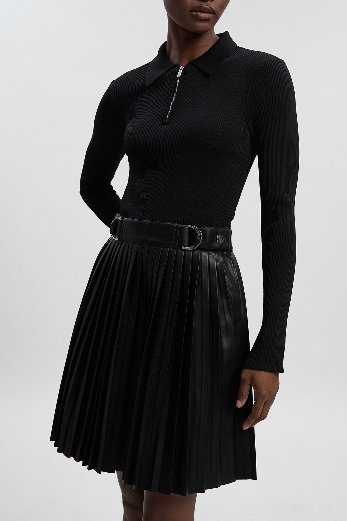 KarenMillen Knitted Zip Neck Pu Mix Pleated Mini Dress