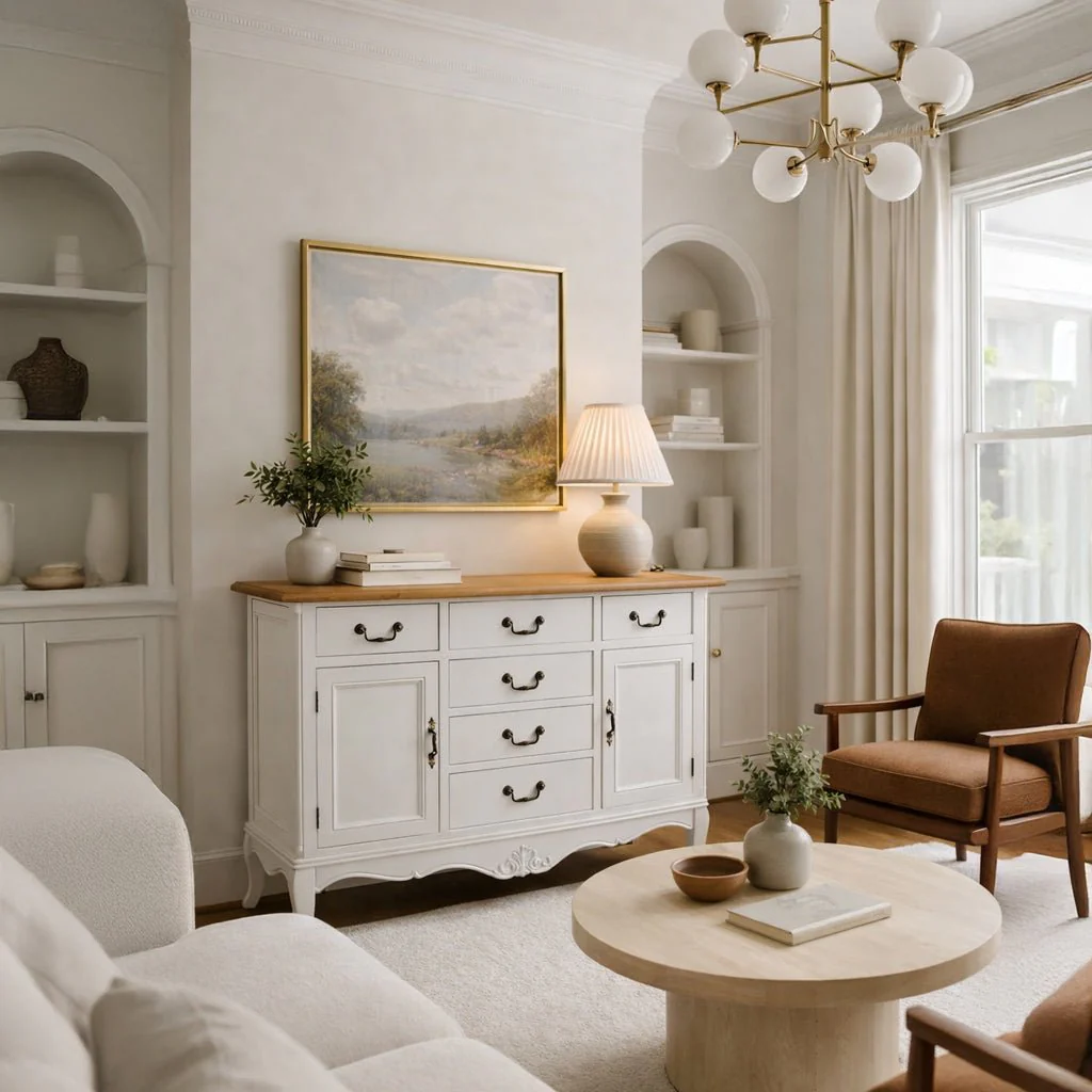 Aparador Branco de Madeira Natural com Duas Portas e Seis Gavetas VERSAILLES