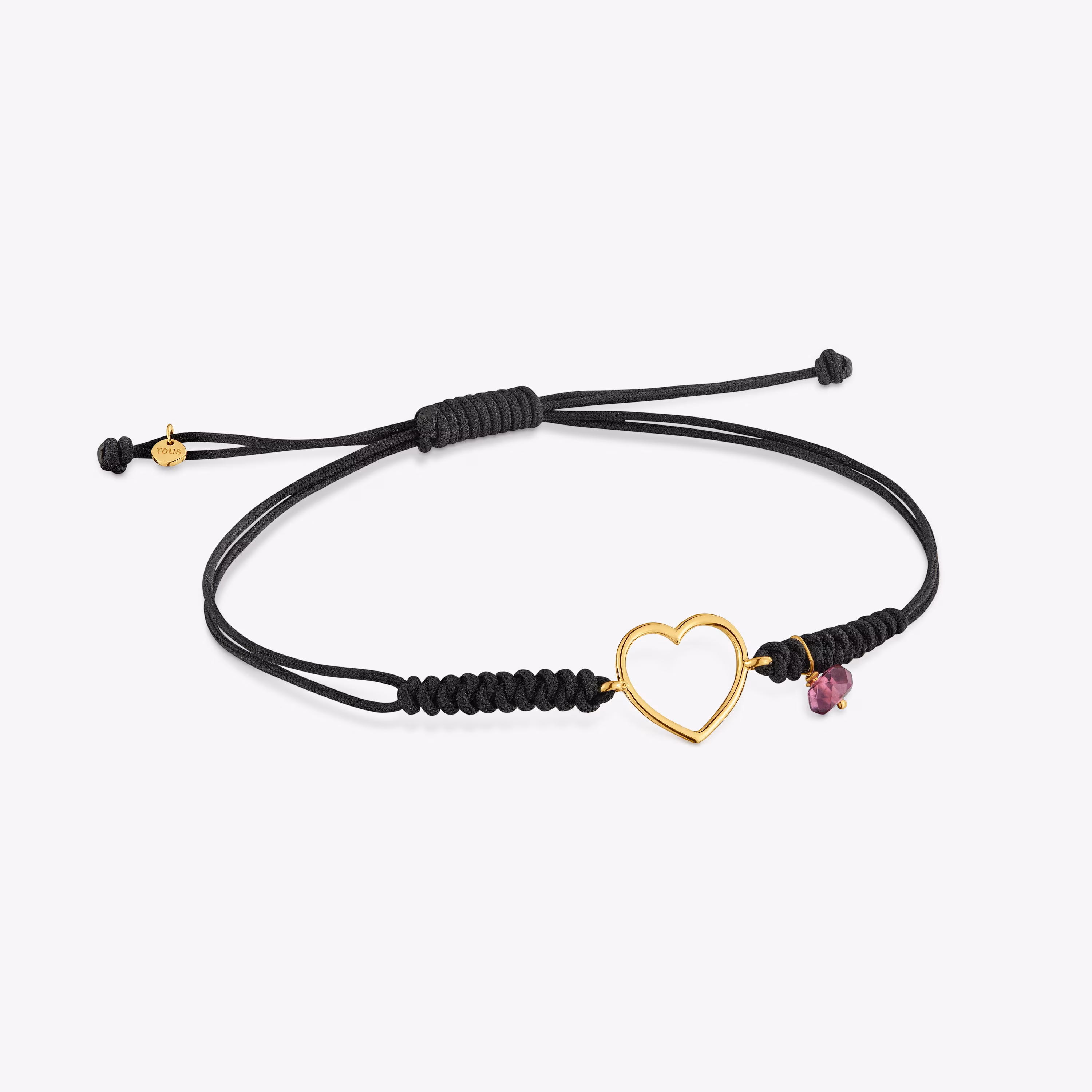 Pulsera corazón de oro 9 kt, rodolita y nylon Silueta