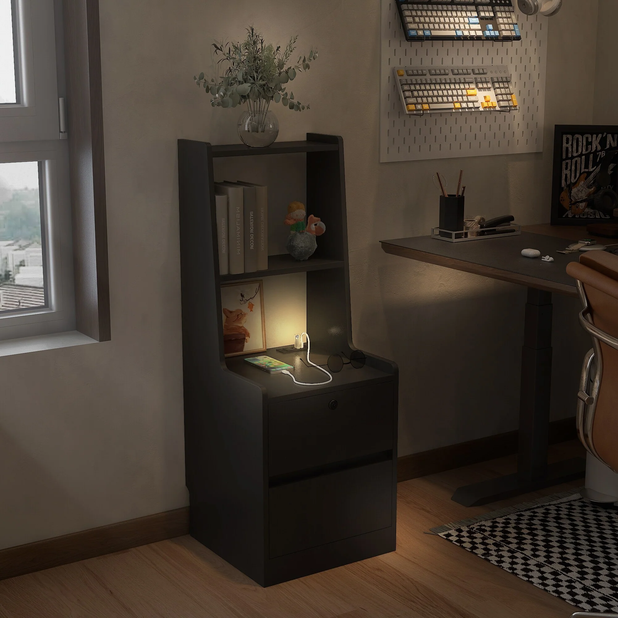 Nightstand with Charging Station, Smart Nightstand with Night Light, Modern Night Stand with Bookshelf