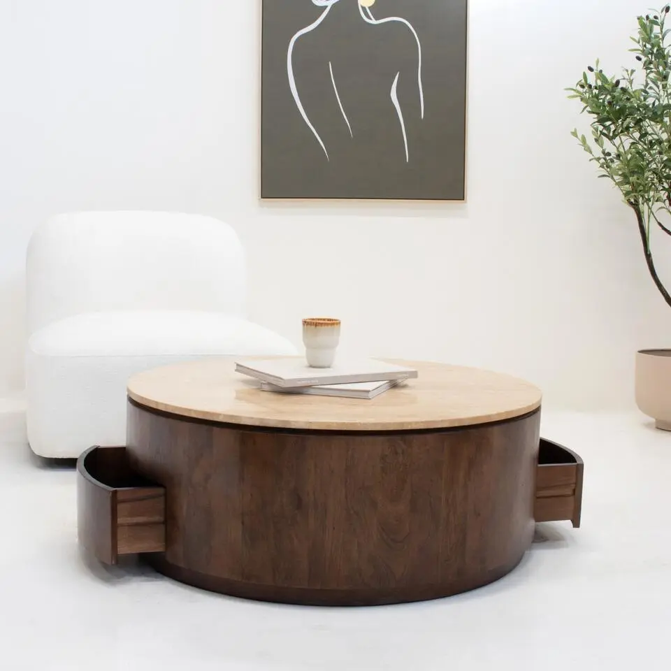 Salontafel Travertin Walnoot - 90x90x35cm - Met Lades - Elan