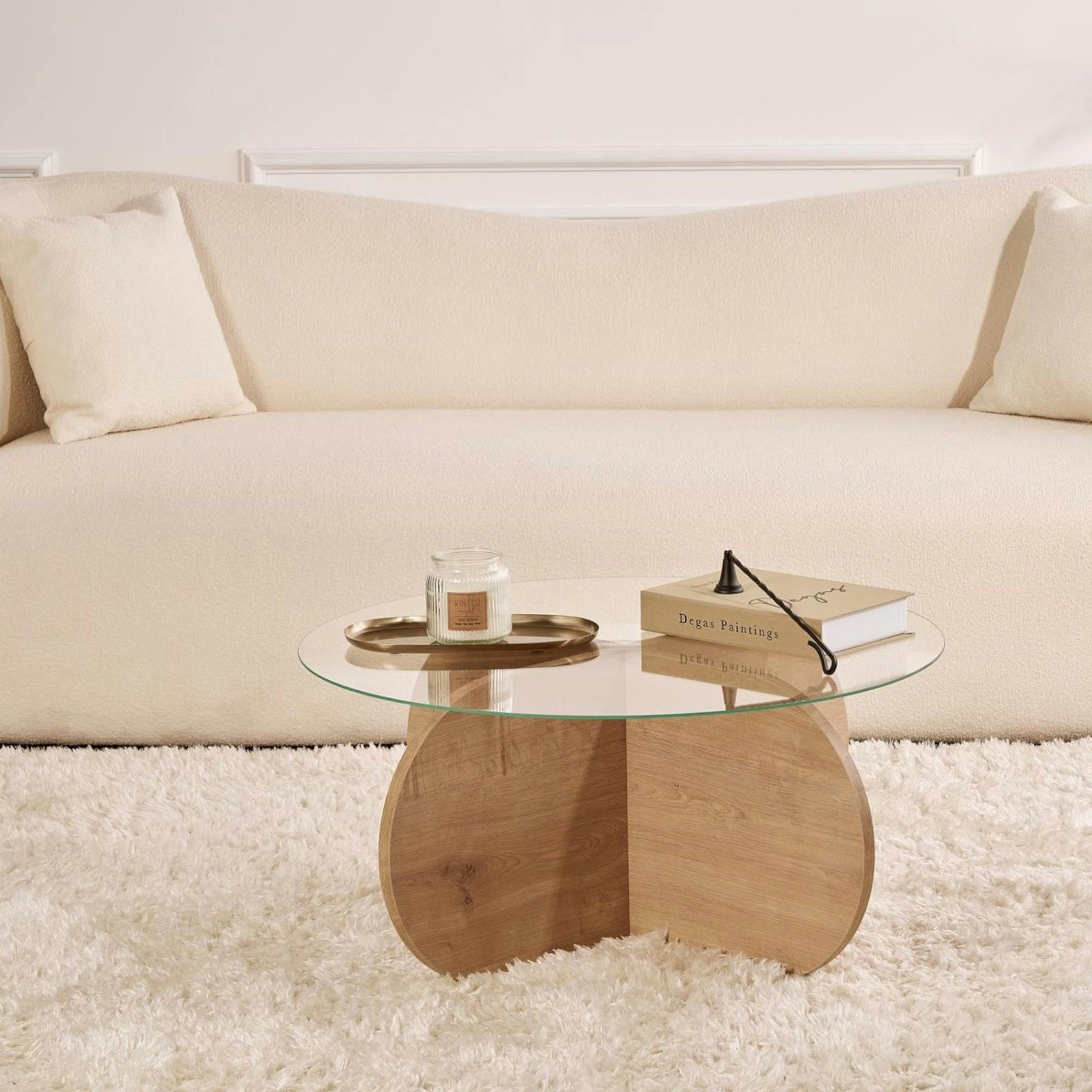 Table basse en verre - pied en croix effet chêne clair SALTA