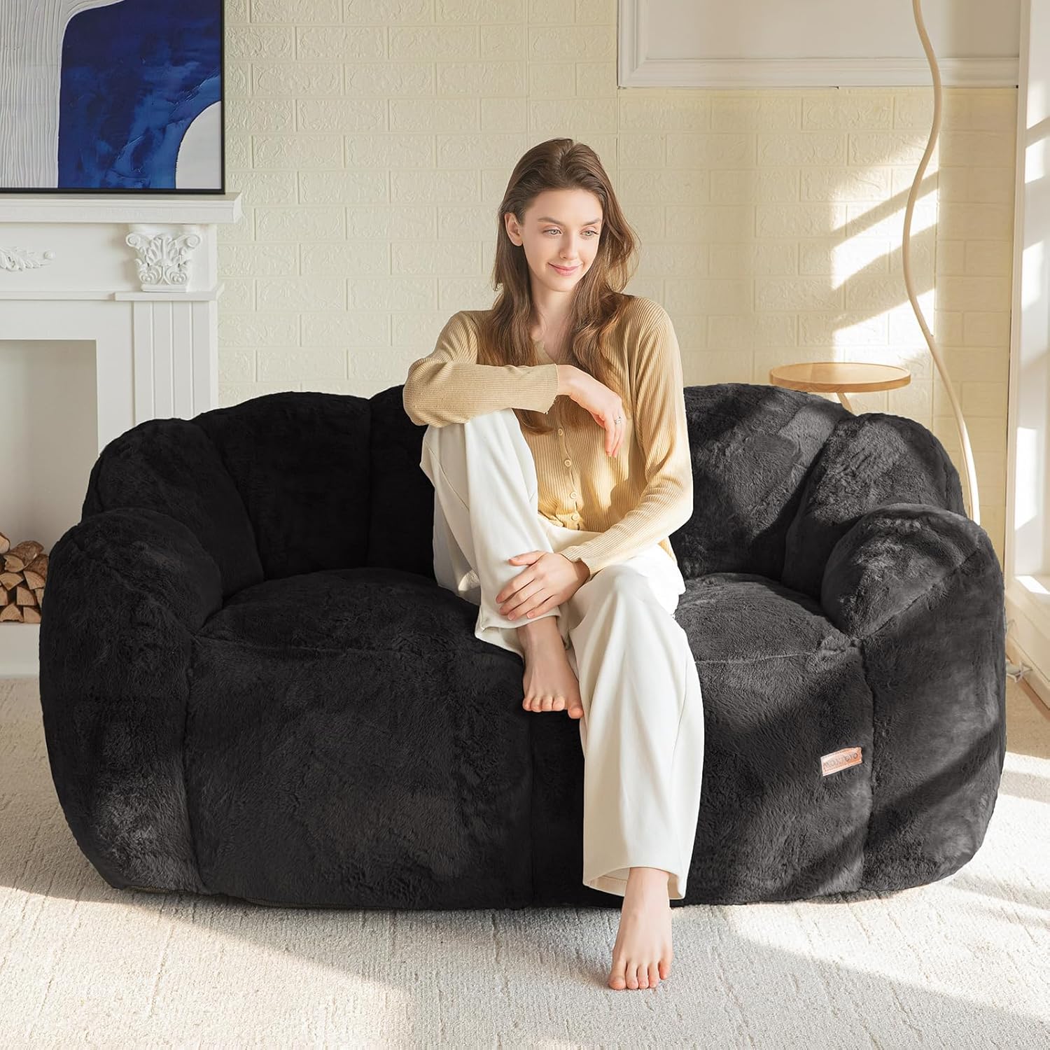 MAXYOYO Bean Bag Chair for Adults, Loveseat Floral Shaped Bean Bag Sofa, Ultra Soft Love Seat Mini Sofa Couch, Faux Fur Reading Chair for Living Room Bedroom, Black