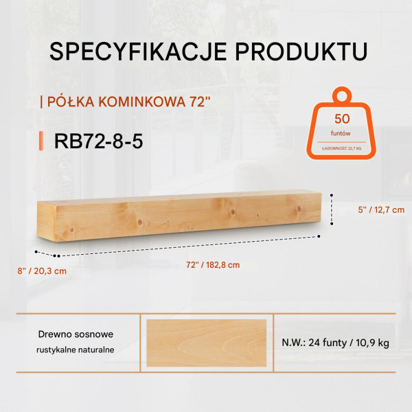 Półka na Kominek 182 cm Drewniana Sosnowa Wisząca do Salonu Rustykalna