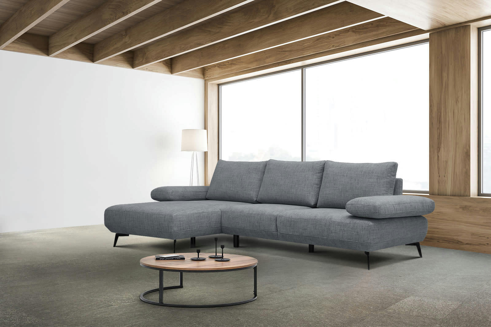 MELLO - Canapé d'angle gauche 4 places tissu gris bleu