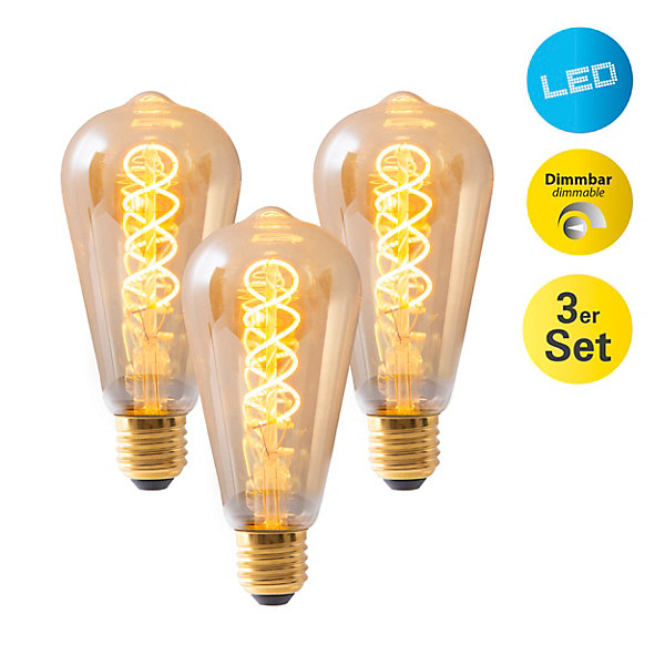 Ampoules LED 'DILLY' lot de 3 douilles E27, 4 Watt, D: 6,4cm, en métal et verre, ambre